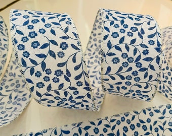 2.5”  Blue & White Floral Wired Ribbon #918