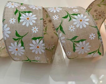 2.5” Glittery White Daisies Wired Ribbon