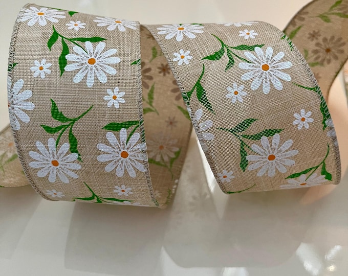 2.5” Glittery White Daisies Wired Ribbon
