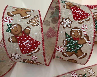 2.5” Frosted Gingerbread Cookies Wired Ribbon: Beige, Red, Green, White