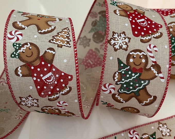 2.5” Frosted Gingerbread Cookies Wired Ribbon: Beige, Red, Green, White