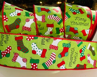 2.5" Christmas Stockings Wired Ribbon: Red & Green #34 - 10 Yard Roll