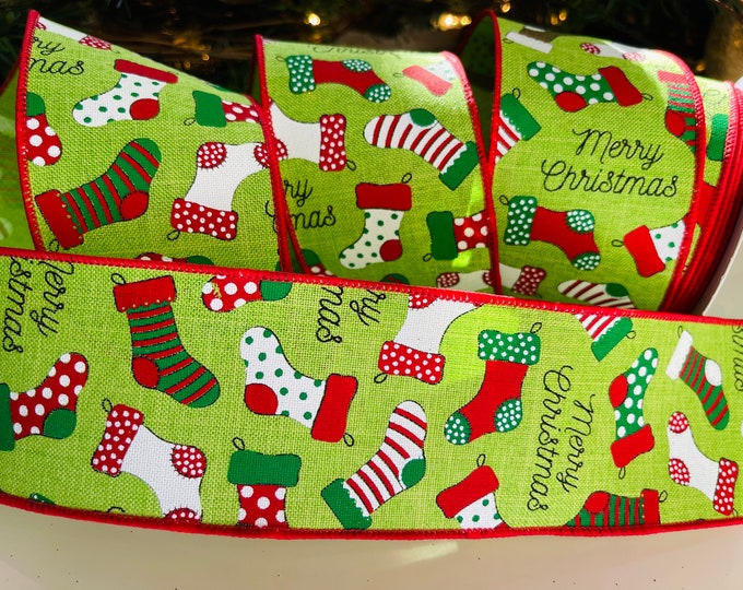 2.5" Christmas Stockings Wired Ribbon: Red & Green #34 - 10 Yard Roll