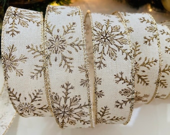 1.5” Gold Snowflake Wired Ribbon - Perfect for Gift Wrapping, Wreaths, Decor & Much More! #242 - Sold By The Yard