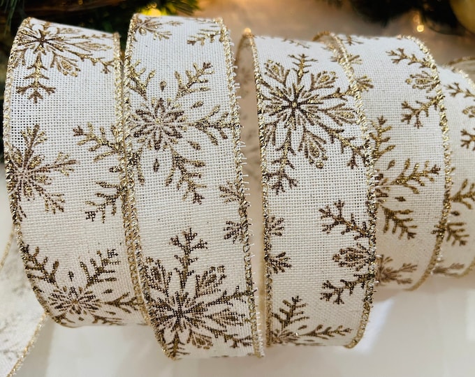 1.5” Gold Snowflake Wired Ribbon - Perfect for Gift Wrapping, Wreaths, Decor & Much More! #242 - Sold By The Yard