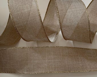 2.5” Beige Wired Ribbon With Gold Trim