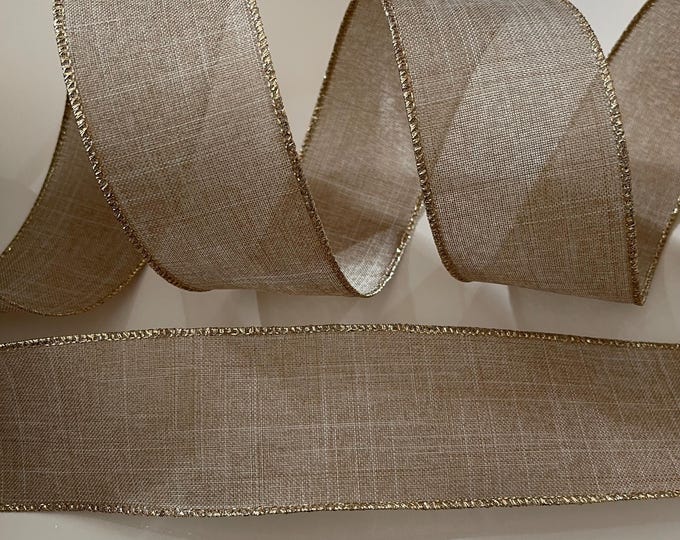 2.5” Beige Wired Ribbon With Gold Trim