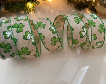 1.5” Burlap Wired Ribbon With Clovers & Gold Speckles - Sold By The Yard