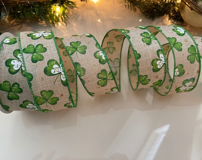 1.5” Burlap Wired Ribbon With Clovers & Gold Speckles - Sold By The Yard