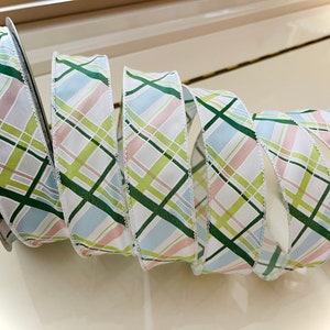 1.5” Diagonal Stripes Wired Ribbon: Green, Pink, Blue, & White - Sold By The Yard