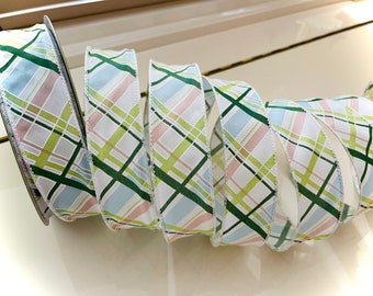 1.5” Diagonal Stripes Wired Ribbon: Green, Pink, Blue, & White - Sold By The Yard