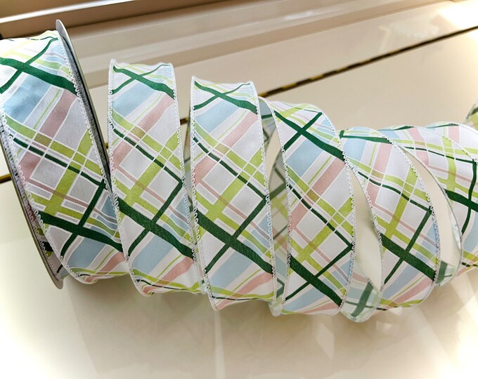 1.5” Diagonal Stripes Wired Ribbon: Green, Pink, Blue, & White - Sold By The Yard