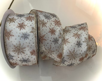 3 Yards 2.5” Wired Silver & Copper Snowflake Sparkle Ribbon