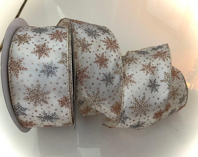 2.5” Wired Silver & Copper Snowflake Sparkle Ribbon - Sold By The Yard