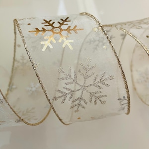 2.5” Golden Snowflake Sheer Wired Ribbon #773 - Sold By The Yard