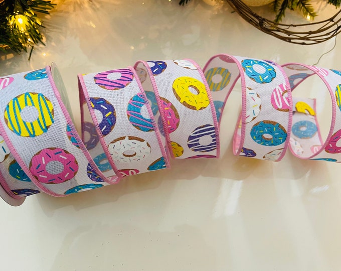 1.5” Colorful Donuts With Pink Trim Wired Ribbon - Perfect for Gift Wrapping, Wreaths, Decor & Much More! - Sold By The Yard