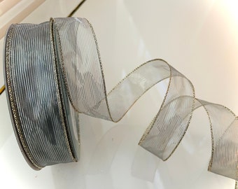 1.5” Silver With Gold Trim Sheer Wired Ribbon - Perfect for Gift Wrapping, Wreaths, Decor & Much More! - Sold By The Yard