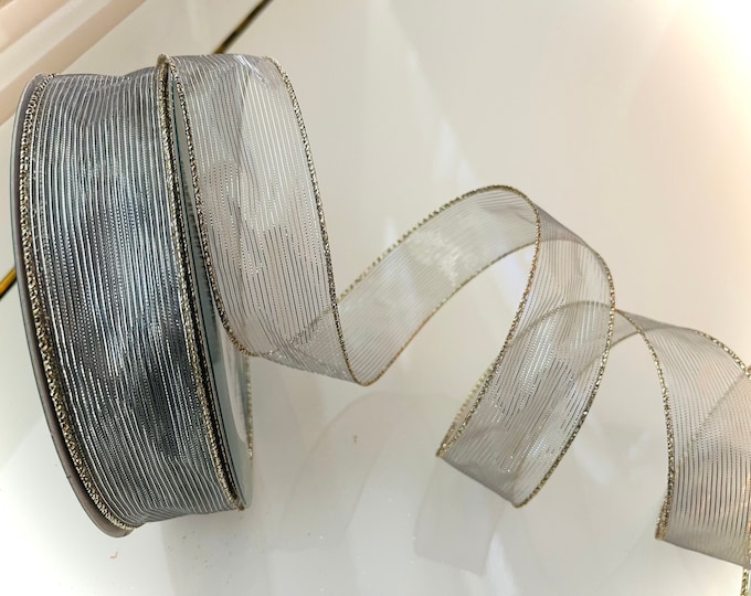 1.5” Silver With Gold Trim Sheer Wired Ribbon - Perfect for Gift Wrapping, Wreaths, Decor & Much More! - Sold By The Yard