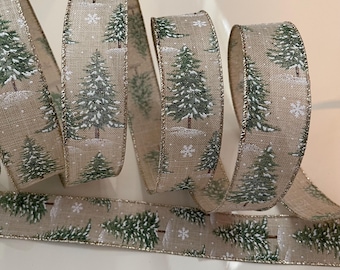 1.5” Snowy Trees & Snowflakes Wired Ribbon: Green, Beige, White #332