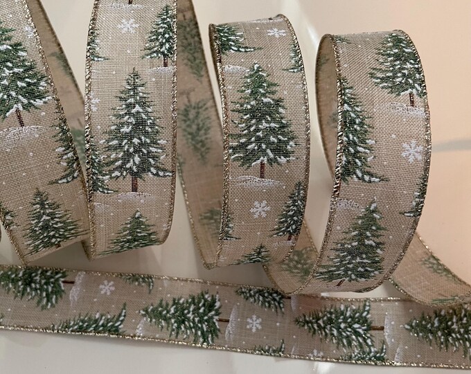 1.5” Snowy Trees & Snowflakes Wired Ribbon: Green, Beige, White