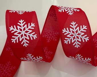 2.5” Red Wired Ribbon with White Snowflakes & Silver Glitter Dots - Sold By The Yard