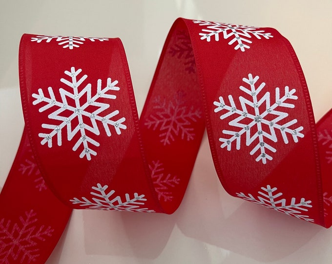 2.5” Red Wired Ribbon with White Snowflakes & Silver Glitter Dots - Sold By The Yard