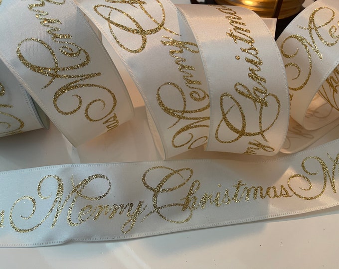 2.5” Soft White With Gold Glitter Merry Christmas Wired Ribbon #471 - Sold By The Yard