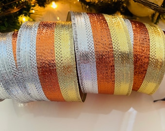 2.5” Metallic Gold, Copper & Silver Wired Ribbon - Sold By The Yard