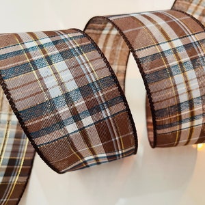 2.5” Brown, Navy Blue, & Gold Plaid Wired Ribbon #742