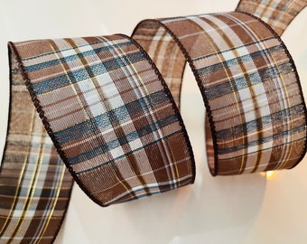 2.5” Brown, Navy Blue, & Gold Plaid Wired Ribbon #742