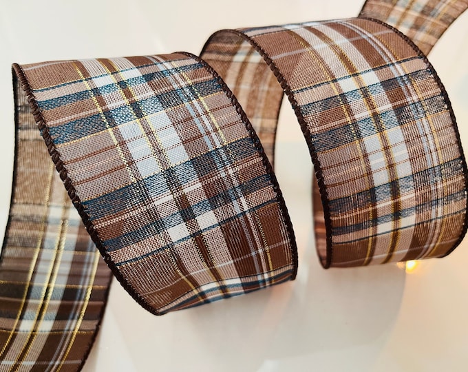 2.5” Brown, Navy Blue, & Gold Plaid Wired Ribbon #742