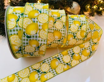 2.5” Green Gingham Lemon Wired Ribbon - Sold By The Yard
