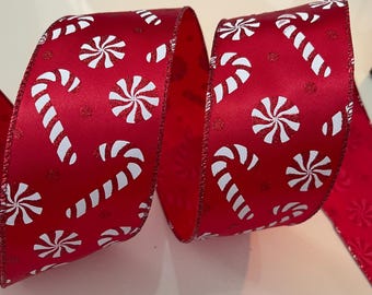 2.5” Candy Cane & Peppermints Red and White Wired Ribbon