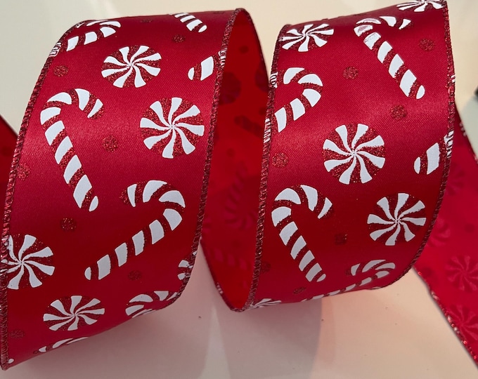 2.5” Candy Cane & Peppermints Red and White Wired Ribbon