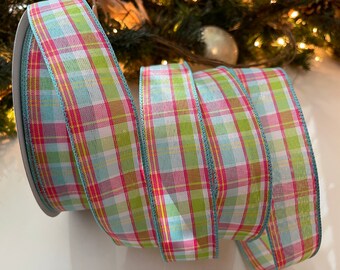 1.5” Plaid Wired Ribbon: Pink, Aqua & Green - Sold By The Yard