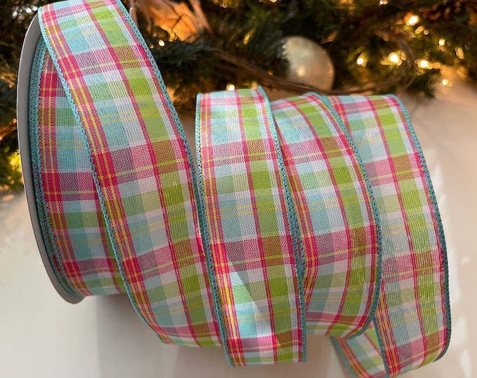 1.5” Plaid Wired Ribbon: Pink, Aqua & Green - Sold By The Yard