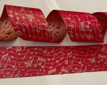 2.5” Vintage Red & Gold Music Note Wired Ribbon - Sold By The Yard