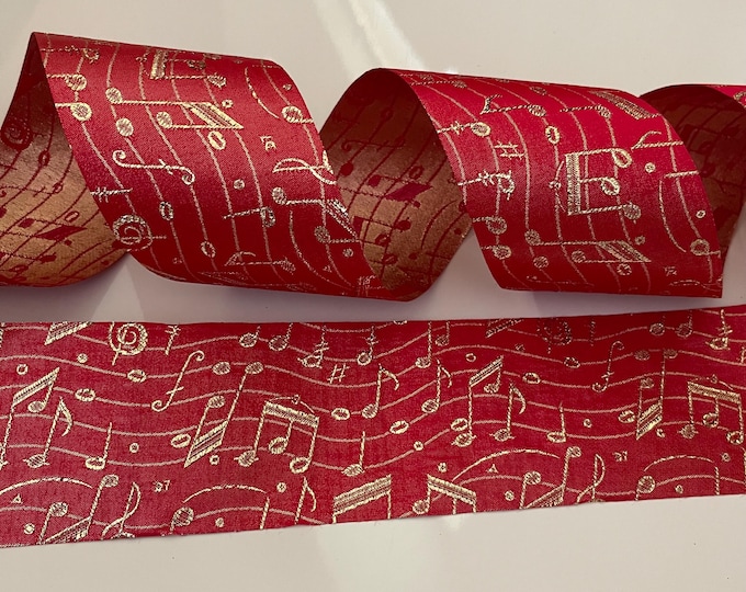 2.5” Vintage Red & Gold Music Note Wired Ribbon - Sold By The Yard
