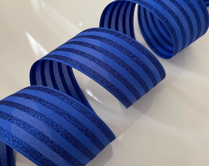 2.5” Royal Blue Glittery Stripes Wired Ribbon
