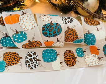 2.5" Cheetah & Polka Dot Pattern Pumpkins Cream Wired Ribbon #310 - 10 Yard Roll