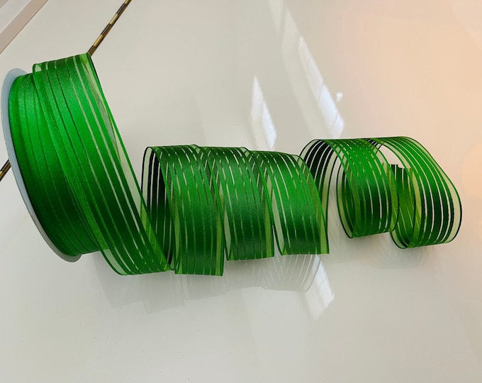 1.5” Sheer & Solid Satin Green Wired Ribbon - Sold By The Yard