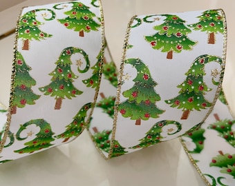 2.5” Whimsical Glittery Christmas Trees Wired Ribbon: Green, Gold, White, Red #671 - Sold By The Yard