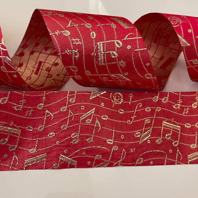 Trebl Ribbon 2.5” Vintage Red & Gold Music Note Wired Ribbon - Sold by the Yard - Etsy