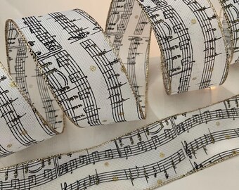 2.5” Music Note Wired Ribbon: Black, Cream, Gold #926 - Sold By The Yard