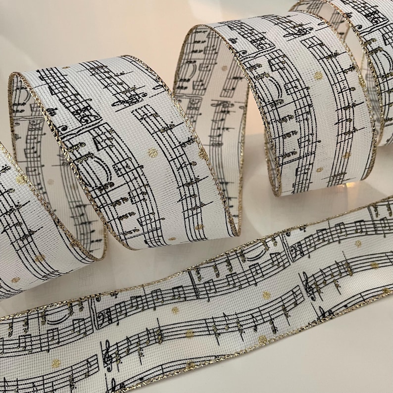 Music Note Ribbon Pattern 2.5” Music Note Wired Ribbon: Black, Cream, Gold #926 - Sold by the ...