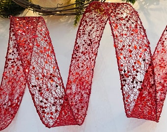 1.5" Webbed Red Glitter Wired Ribbon - Sold By The Yard