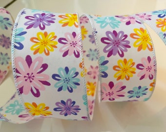 2.5” Colorful Flower Wired Ribbon: Pink, Purple, Yellow, Blue - Sold By The Yard