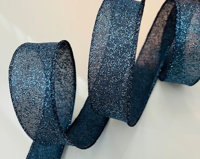1.5” Navy Blue Glitter Wired Ribbon - Sold By The Yard