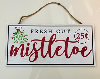 12” Wooden Fresh Cut Mistletoe Wreath Sign: Sparkly Red, Green & White