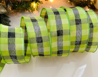 1.5” Green & Black Plaid Wired Ribbon - Sold By The Yard